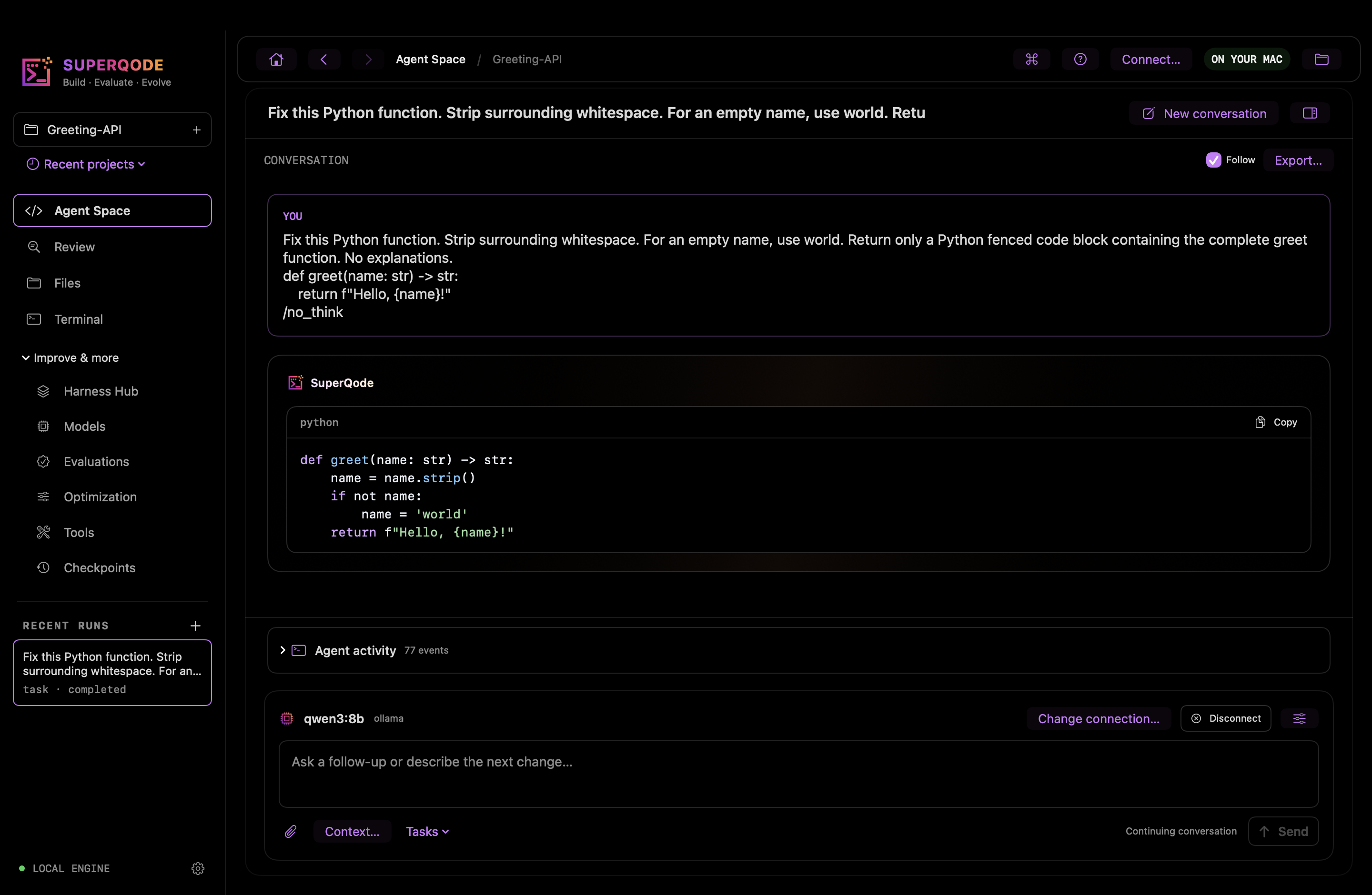 SuperQode Agent Space showing a recorded Qwen 3 8B coding response, model controls and the expanded sidebar